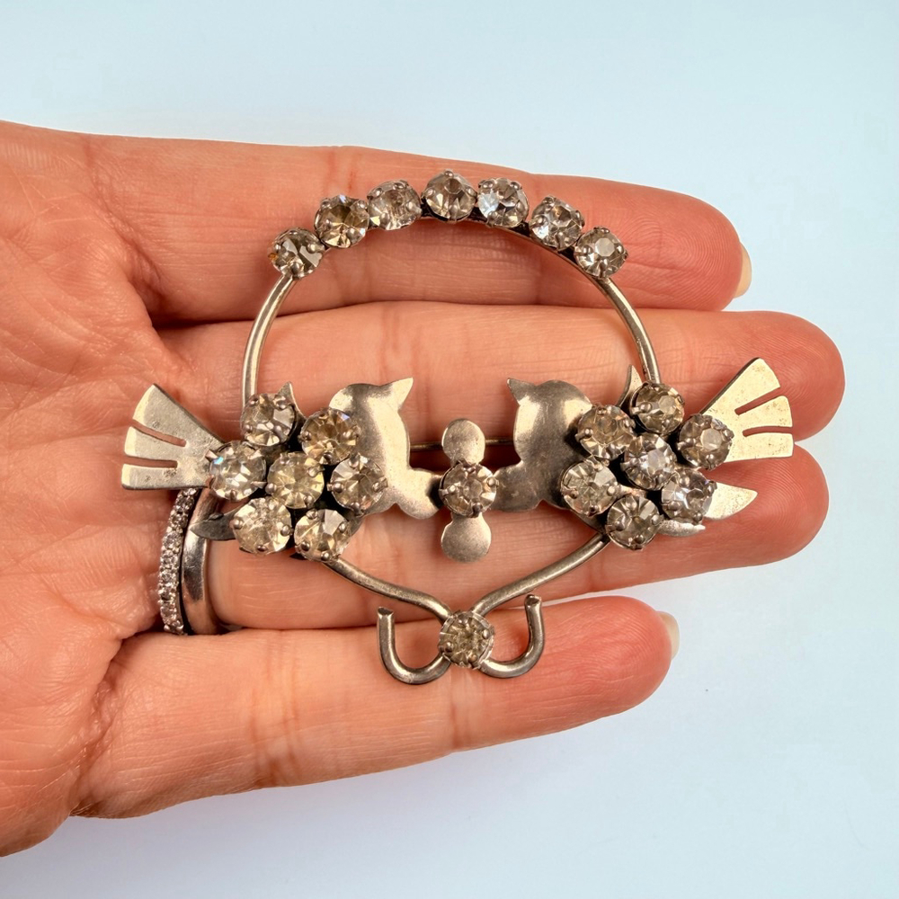 Lovebirds Figural Rhinestone Sterling Silver 925 Large Pin Brooch VTG Retro Era - Picture 6 of 7